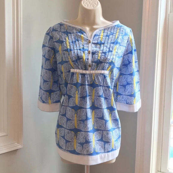 Lilly Pulitzer Tops - Lilly Pulitzer Blue Yellow Butterfly Print Egan Pintuck Tunic Blouse Top Small